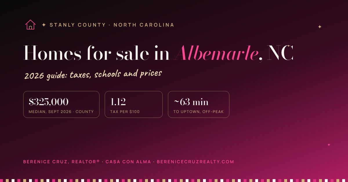 Homes for sale in Albemarle, NC: 2026 guide by Berenice Cruz, bilingual Realtor® — median price, taxes and drive to Uptown