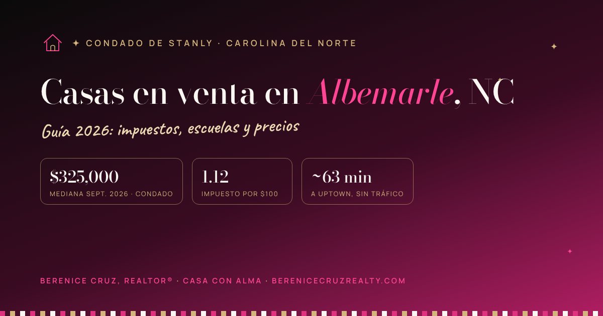Casas en venta en Albemarle, NC: guía 2026 de Berenice Cruz, Realtor® bilingüe — mediana de precio, impuestos y tiempo a Uptown