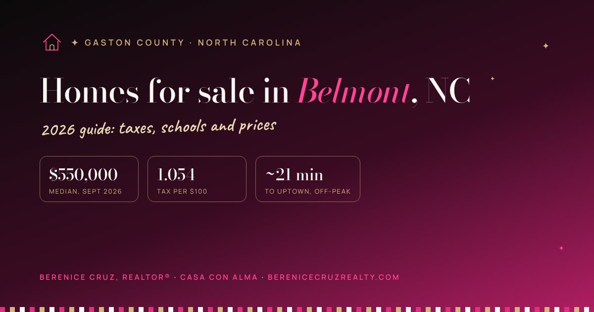 Homes for sale in Belmont, NC: 2026 guide by Berenice Cruz, bilingual Realtor® — median price, taxes and drive to Uptown