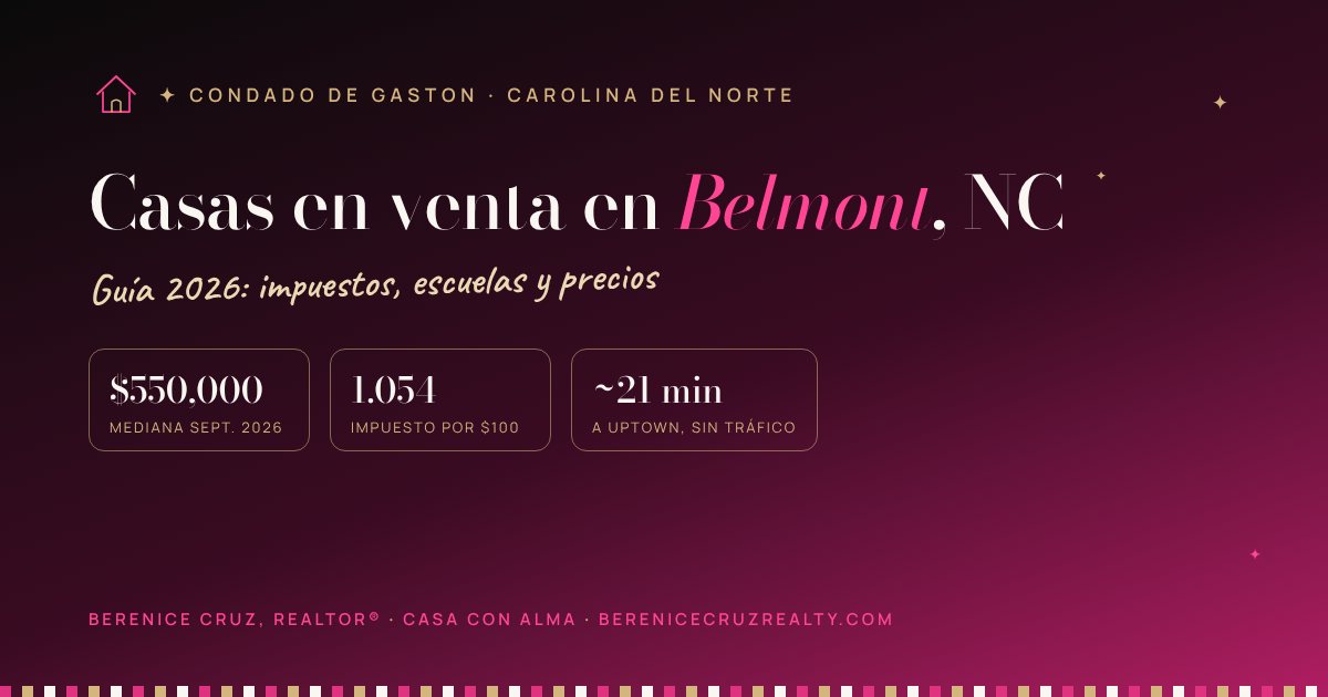 Casas en venta en Belmont, NC: guía 2026 de Berenice Cruz, Realtor® bilingüe — mediana de precio, impuestos y tiempo a Uptown