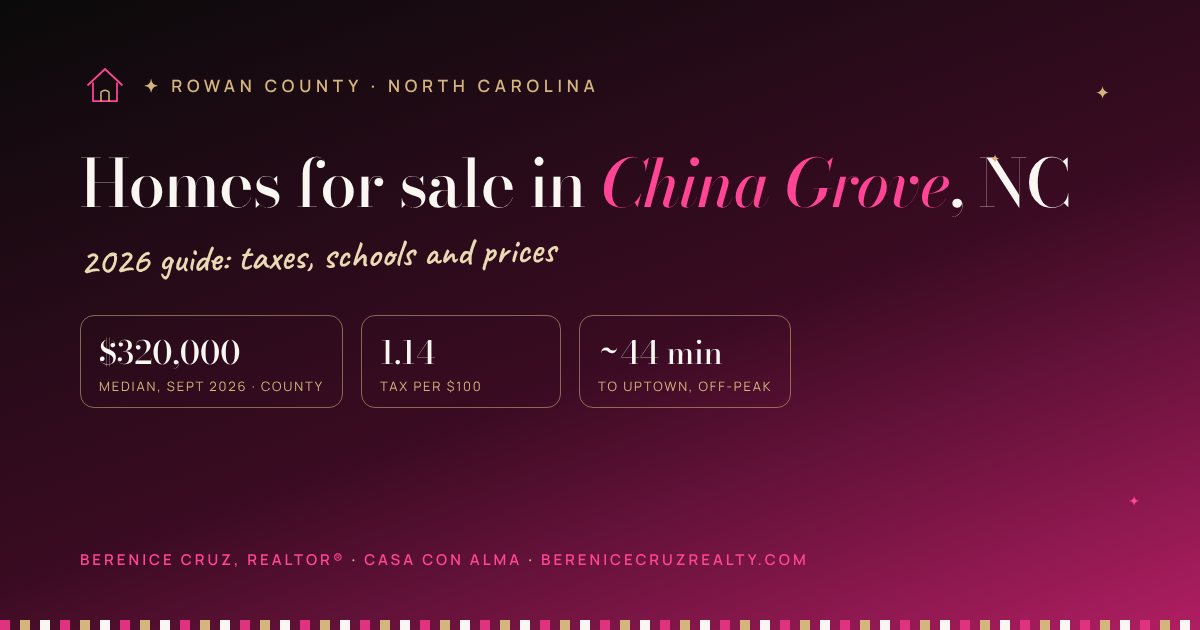 Homes for sale in China Grove, NC: 2026 guide by Berenice Cruz, bilingual Realtor® — median price, taxes and drive to Uptown