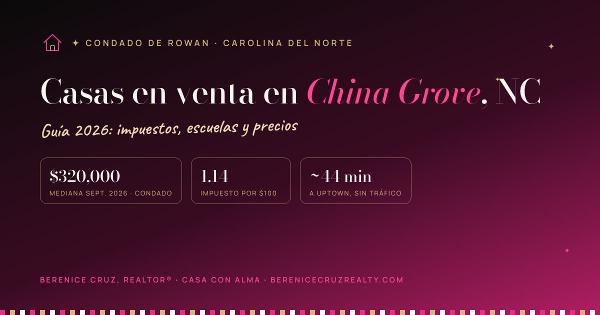 Casas en venta en China Grove, NC: guía 2026 de Berenice Cruz, Realtor® bilingüe — mediana de precio, impuestos y tiempo a Uptown