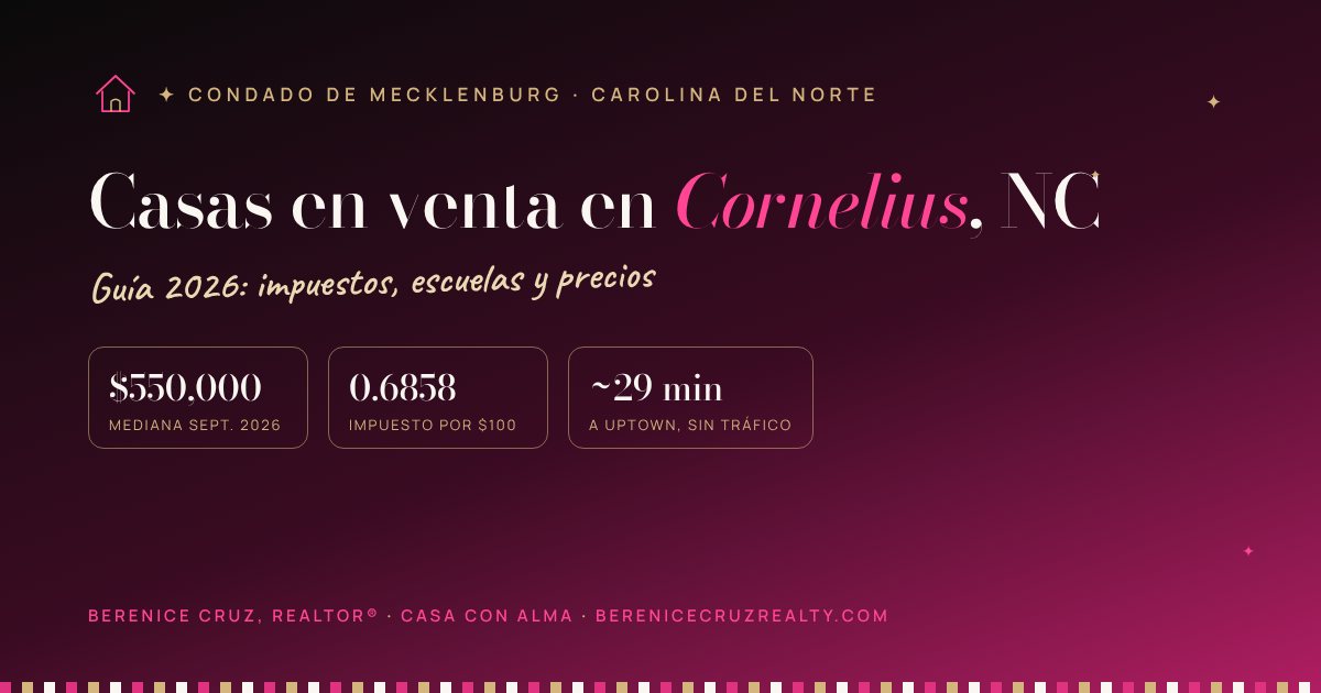 Casas en venta en Cornelius, NC: guía 2026 de Berenice Cruz, Realtor® bilingüe — mediana de precio, impuestos y tiempo a Uptown