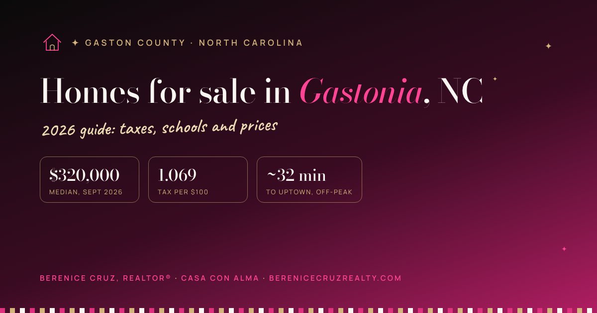 Homes for sale in Gastonia, NC: 2026 guide by Berenice Cruz, bilingual Realtor® — median price, taxes and drive to Uptown