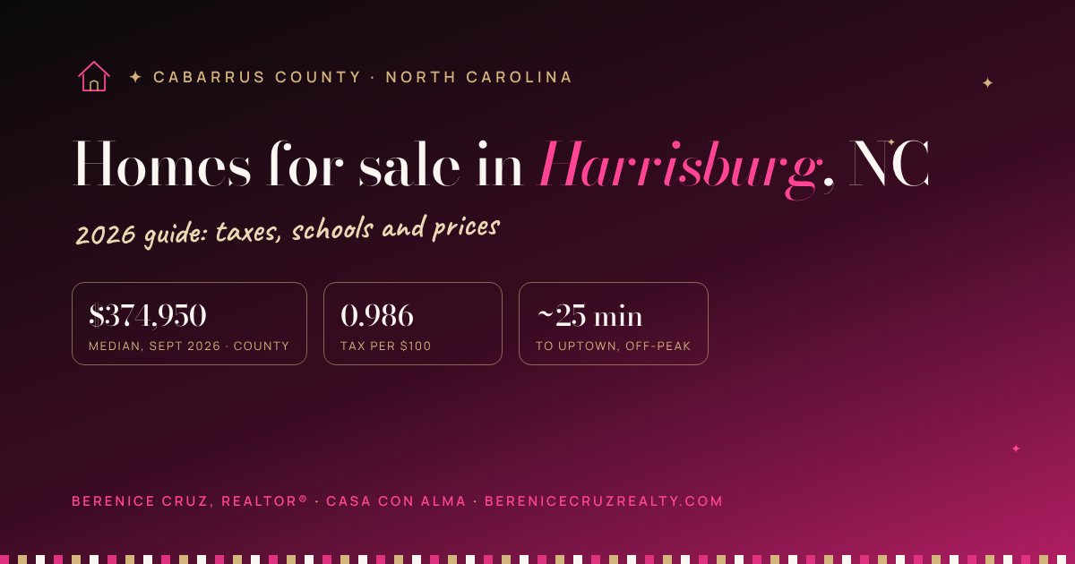 Homes for sale in Harrisburg, NC: 2026 guide by Berenice Cruz, bilingual Realtor® — median price, taxes and drive to Uptown