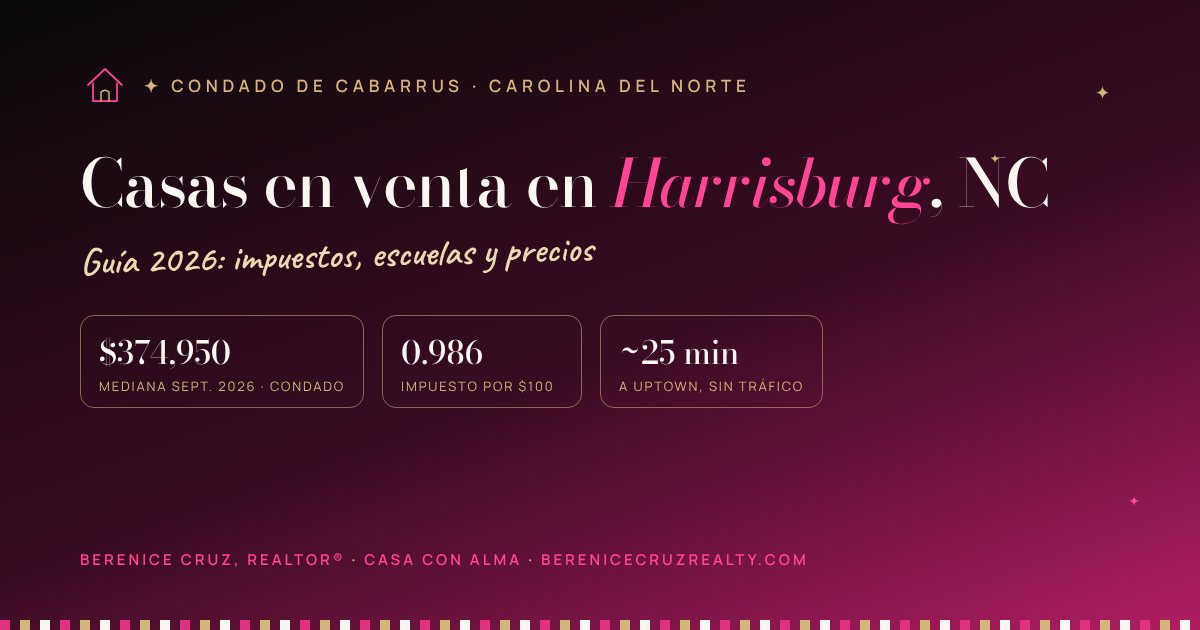 Casas en venta en Harrisburg, NC: guía 2026 de Berenice Cruz, Realtor® bilingüe — mediana de precio, impuestos y tiempo a Uptown