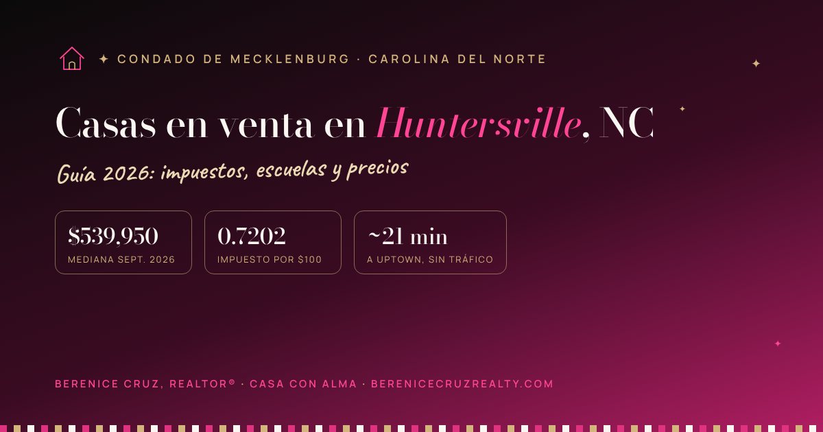 Casas en venta en Huntersville, NC: guía 2026 de Berenice Cruz, Realtor® bilingüe — mediana de precio, impuestos y tiempo a Uptown
