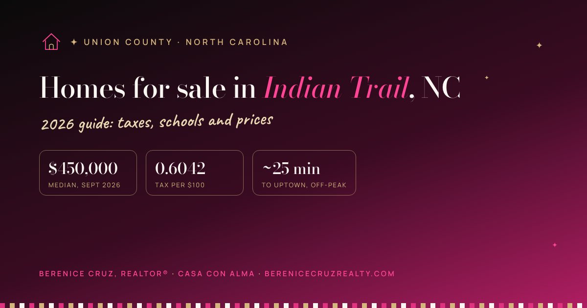 Homes for sale in Indian Trail, NC: 2026 guide by Berenice Cruz, bilingual Realtor® — median price, taxes and drive to Uptown