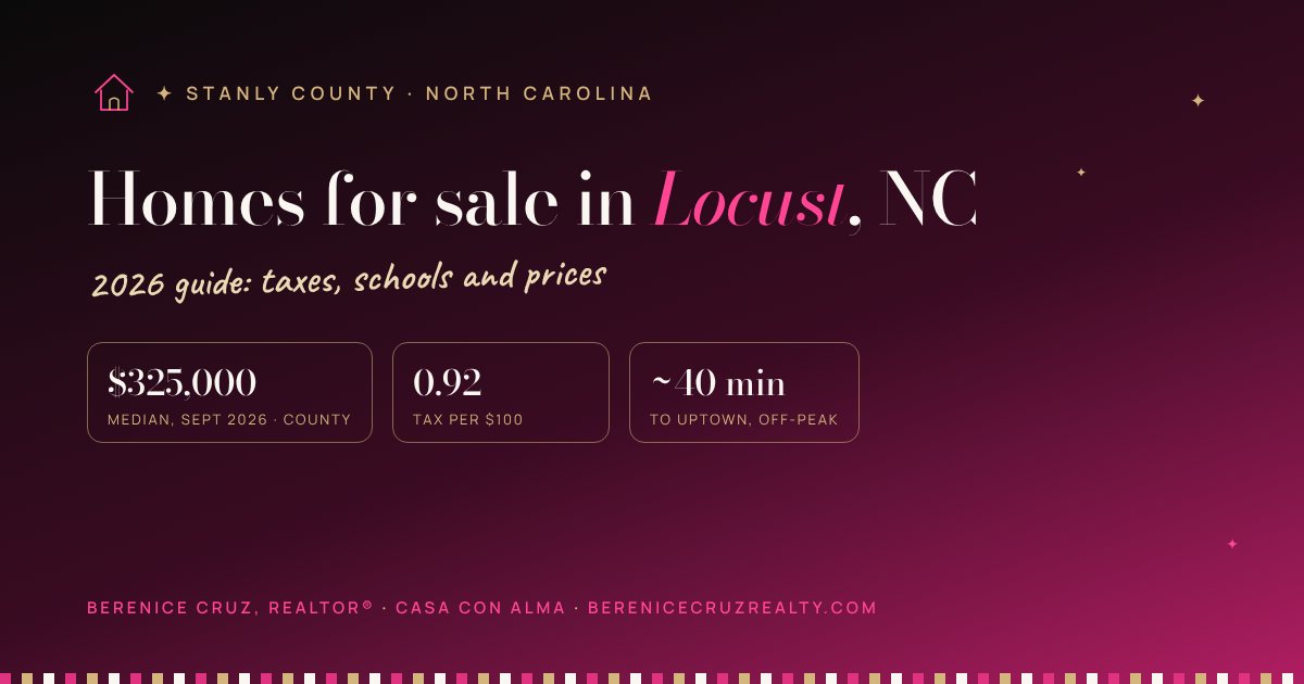 Homes for sale in Locust, NC: 2026 guide by Berenice Cruz, bilingual Realtor® — median price, taxes and drive to Uptown