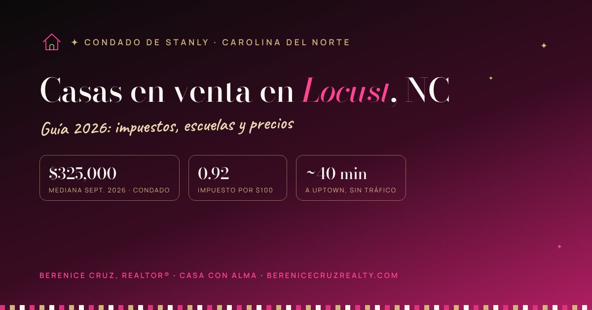 Casas en venta en Locust, NC: guía 2026 de Berenice Cruz, Realtor® bilingüe — mediana de precio, impuestos y tiempo a Uptown