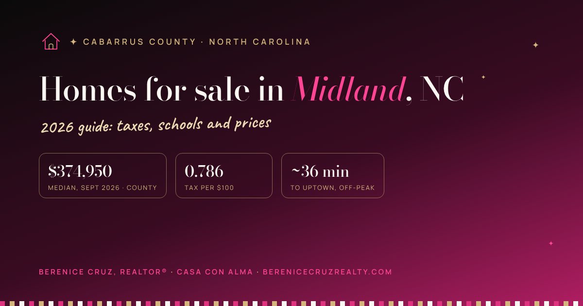 Homes for sale in Midland, NC: 2026 guide by Berenice Cruz, bilingual Realtor® — median price, taxes and drive to Uptown