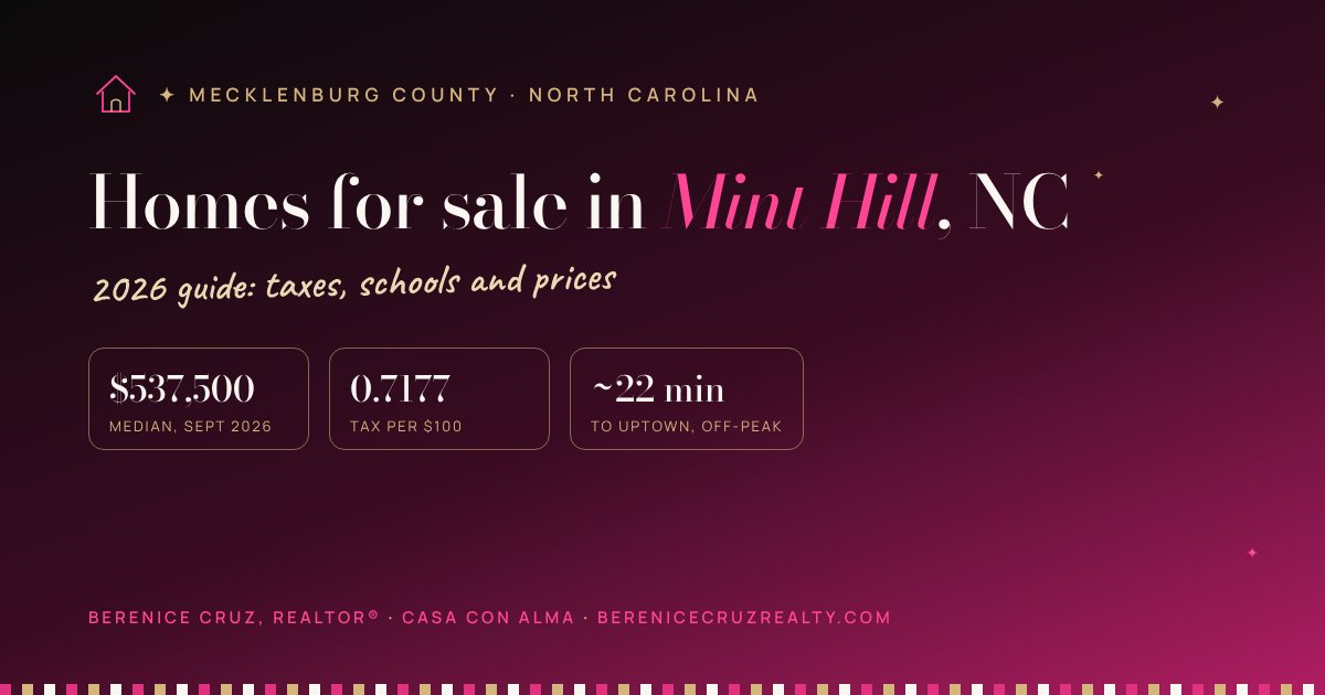 Homes for sale in Mint Hill, NC: 2026 guide by Berenice Cruz, bilingual Realtor® — median price, taxes and drive to Uptown
