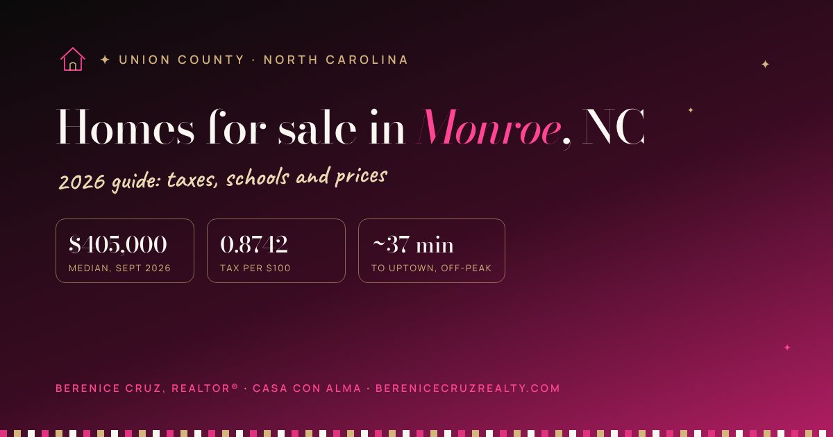 Homes for sale in Monroe, NC: 2026 guide by Berenice Cruz, bilingual Realtor® — median price, taxes and drive to Uptown