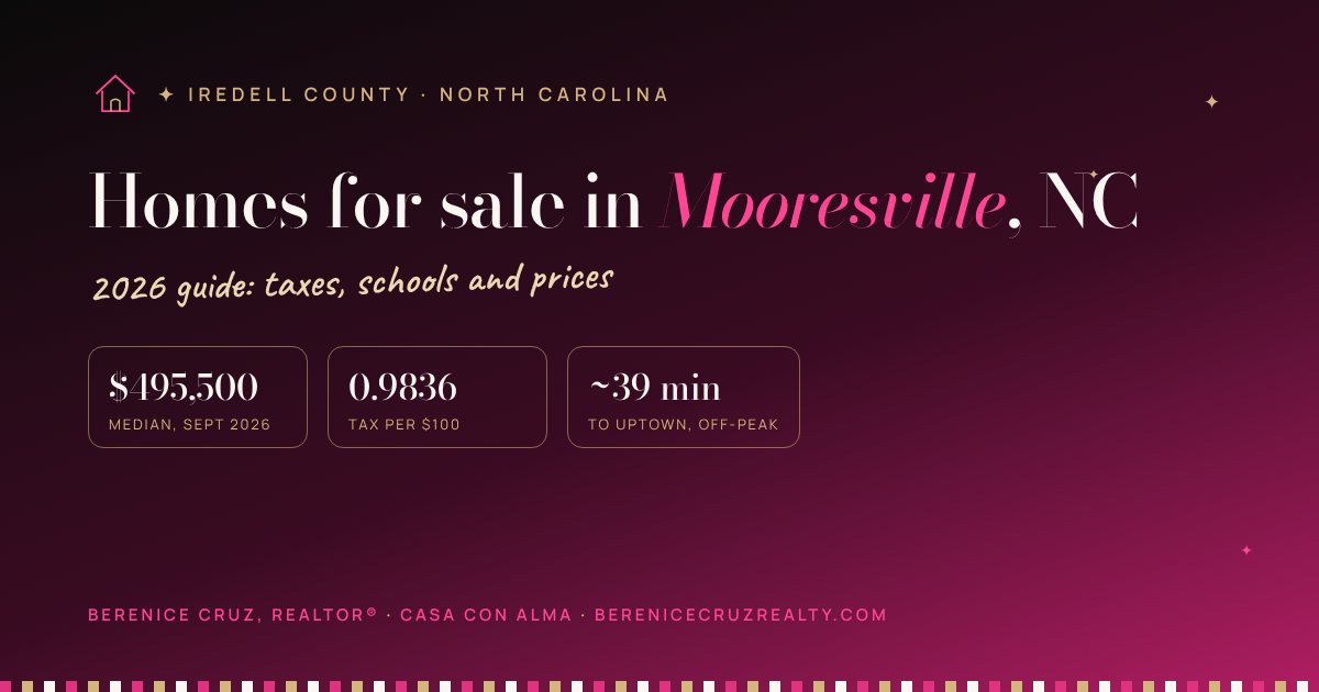 Homes for sale in Mooresville, NC: 2026 guide by Berenice Cruz, bilingual Realtor® — median price, taxes and drive to Uptown