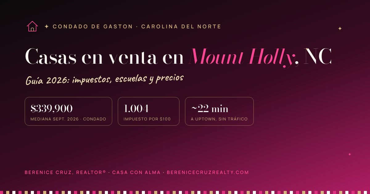 Casas en venta en Mount Holly, NC: guía 2026 de Berenice Cruz, Realtor® bilingüe — mediana de precio, impuestos y tiempo a Uptown