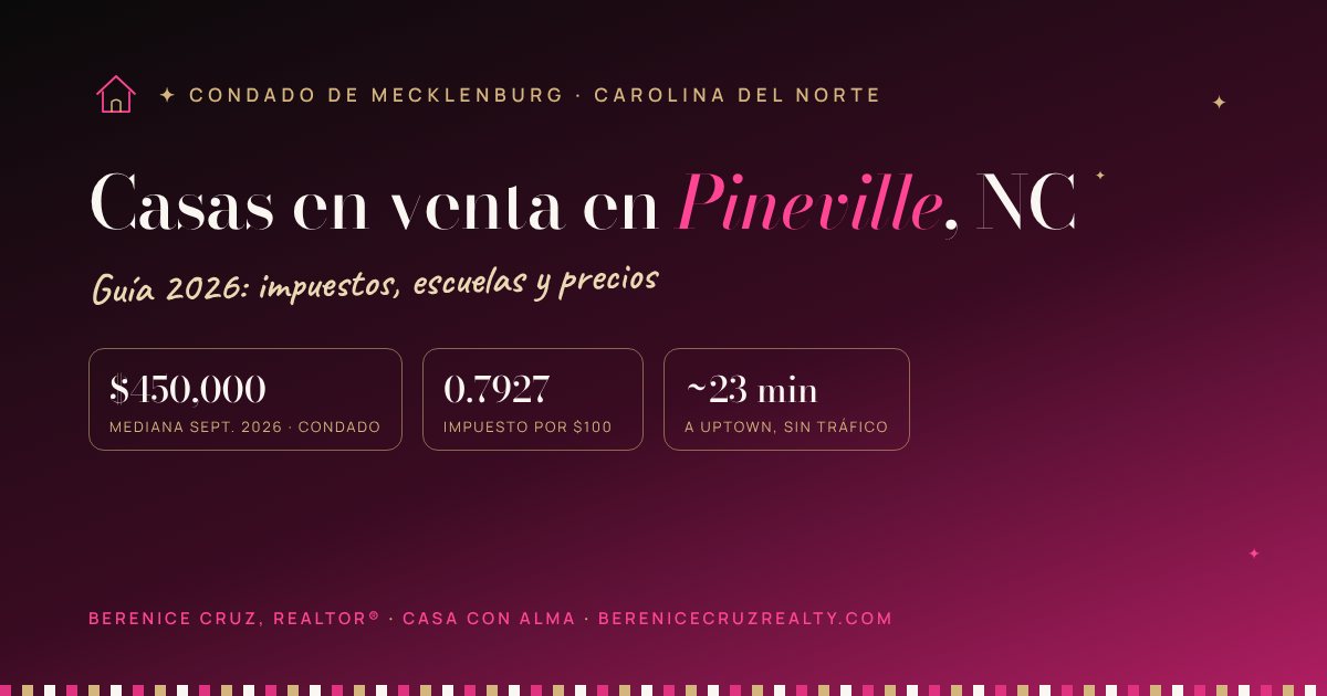 Casas en venta en Pineville, NC: guía 2026 de Berenice Cruz, Realtor® bilingüe — mediana de precio, impuestos y tiempo a Uptown