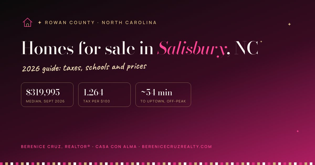 Homes for sale in Salisbury, NC: 2026 guide by Berenice Cruz, bilingual Realtor® — median price, taxes and drive to Uptown