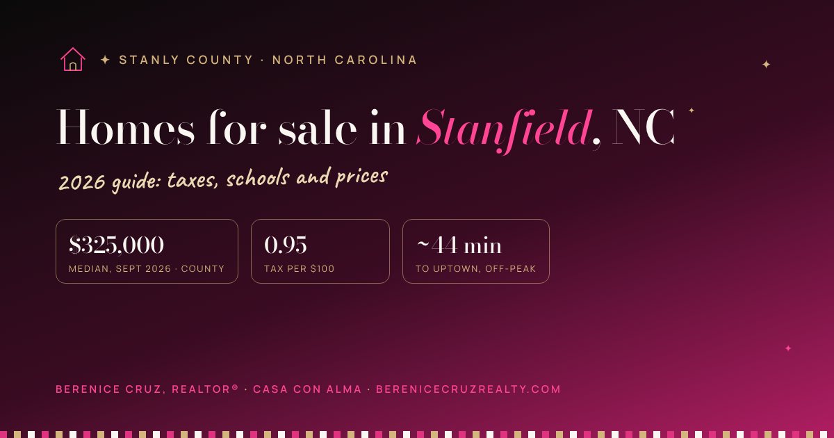 Homes for sale in Stanfield, NC: 2026 guide by Berenice Cruz, bilingual Realtor® — median price, taxes and drive to Uptown