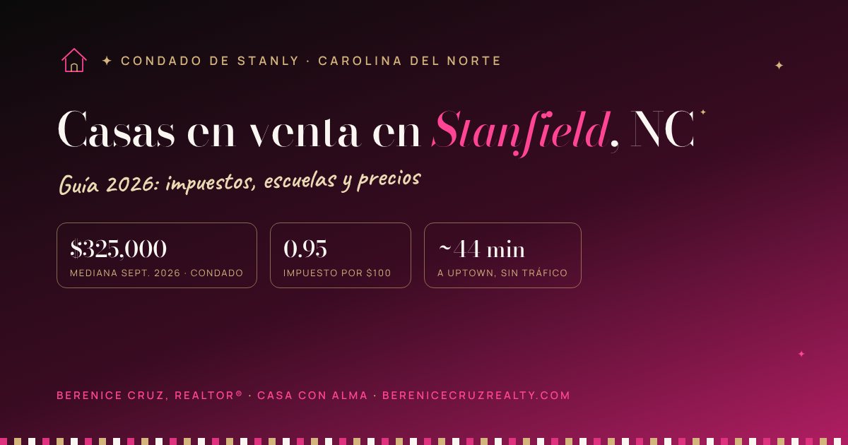 Casas en venta en Stanfield, NC: guía 2026 de Berenice Cruz, Realtor® bilingüe — mediana de precio, impuestos y tiempo a Uptown