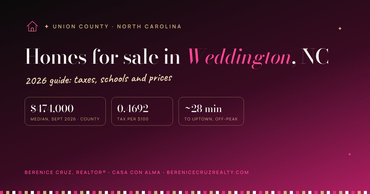Homes for sale in Weddington, NC: 2026 guide by Berenice Cruz, bilingual Realtor® — median price, taxes and drive to Uptown