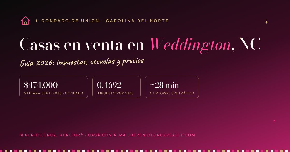 Casas en venta en Weddington, NC: guía 2026 de Berenice Cruz, Realtor® bilingüe — mediana de precio, impuestos y tiempo a Uptown