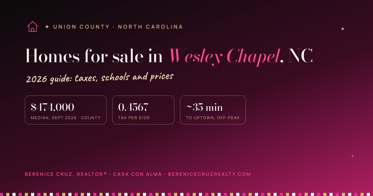 Homes for sale in Wesley Chapel, NC: 2026 guide by Berenice Cruz, bilingual Realtor® — median price, taxes and drive to Uptown