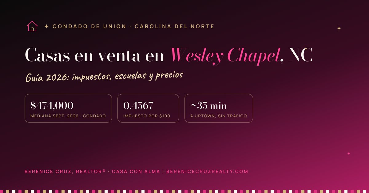 Casas en venta en Wesley Chapel, NC: guía 2026 de Berenice Cruz, Realtor® bilingüe — mediana de precio, impuestos y tiempo a Uptown